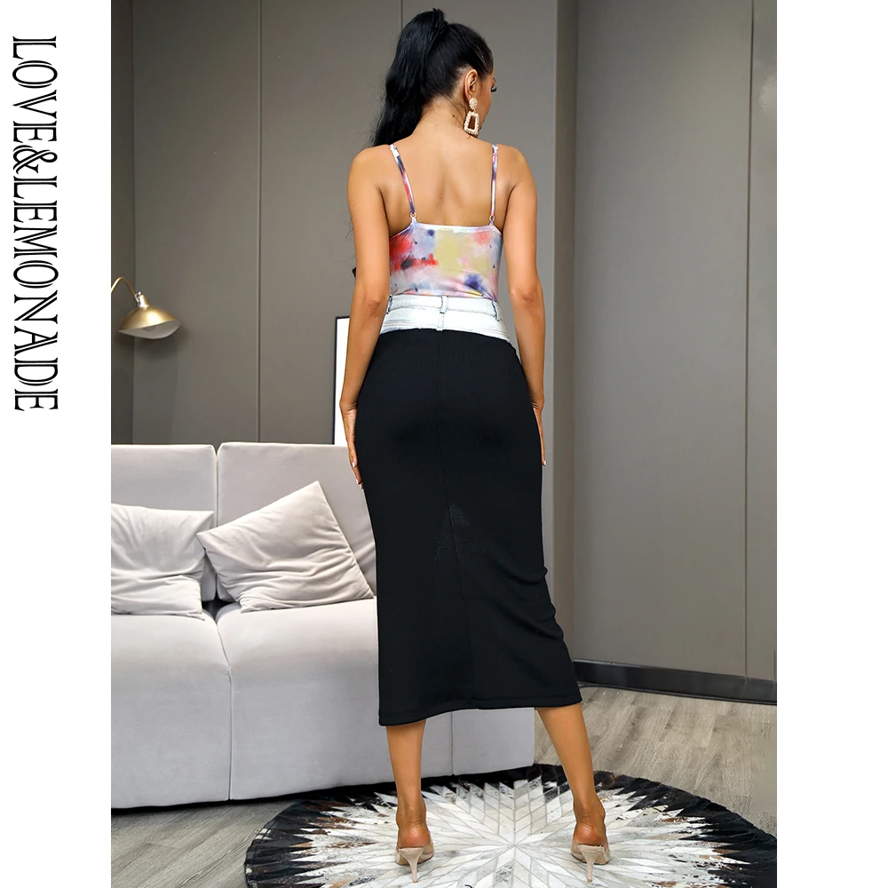 

LOVE&LEMONADE Sexy Black Elastic Woolen Material And Denim Bodycon Over-The-Knee Skirt LMDM009