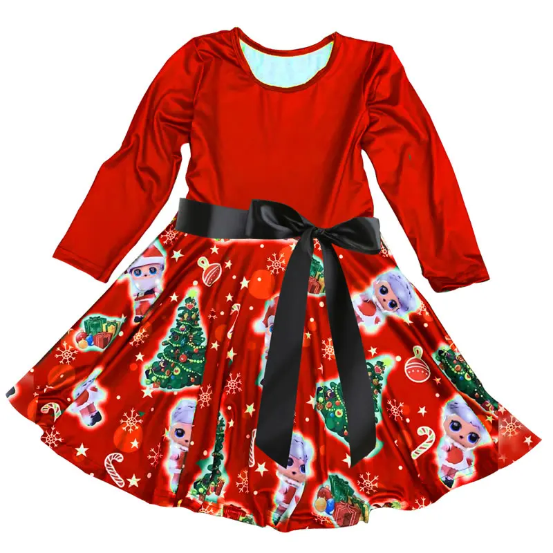 

2021 Christmas Costume For Teen Girl Red Dress Xmas Santa Children Pattern Print Bow Frock New Year Kid Party Tunic Clothes