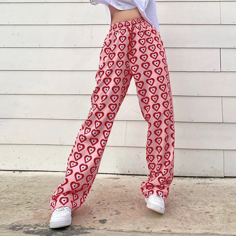

Pink Heart Printed Women's Pants Straight High Waist Drawstring Long Pants Woman Streetwear 2021 Summer Harajuku Trousers HH205