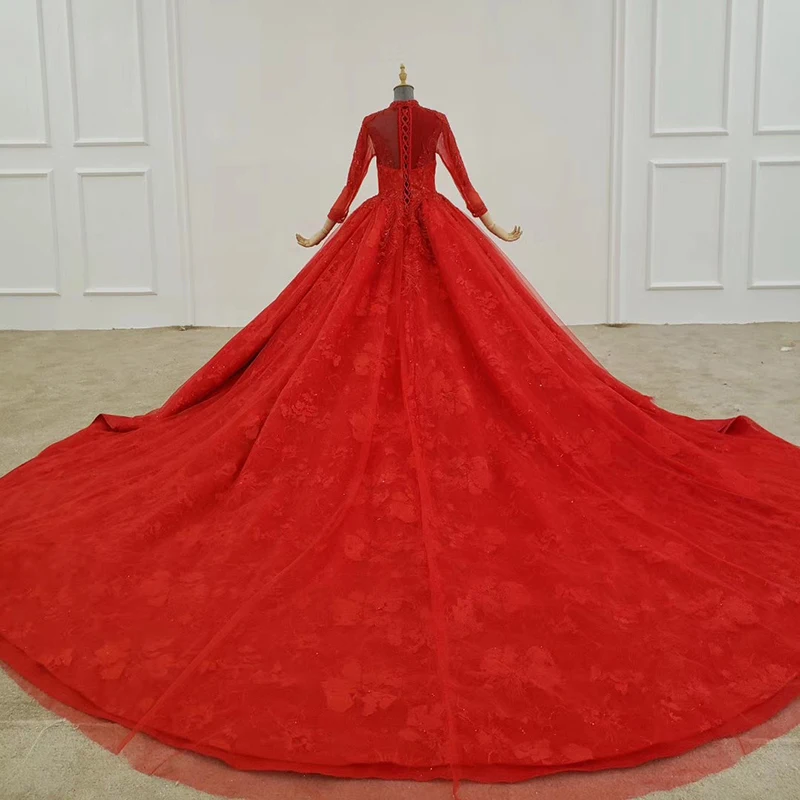 BGW 2186ht Red Evening Dress Long High Neck Long Sleeves Beading Sequin Ball Gown Muslim Evening Dress Vestidos De Finalista