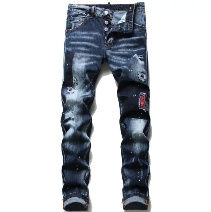 men's jeans hombre winter blue new style ripped patch trousers blue slim stretch paint tight beggar pants мужская одежда