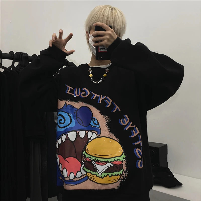 

New Spring Harajuku Cute Women Sweatshirt High Street Dark Cartoon Kawaii Print Pullover Female Plus Velvet Sweatshirts Mujer