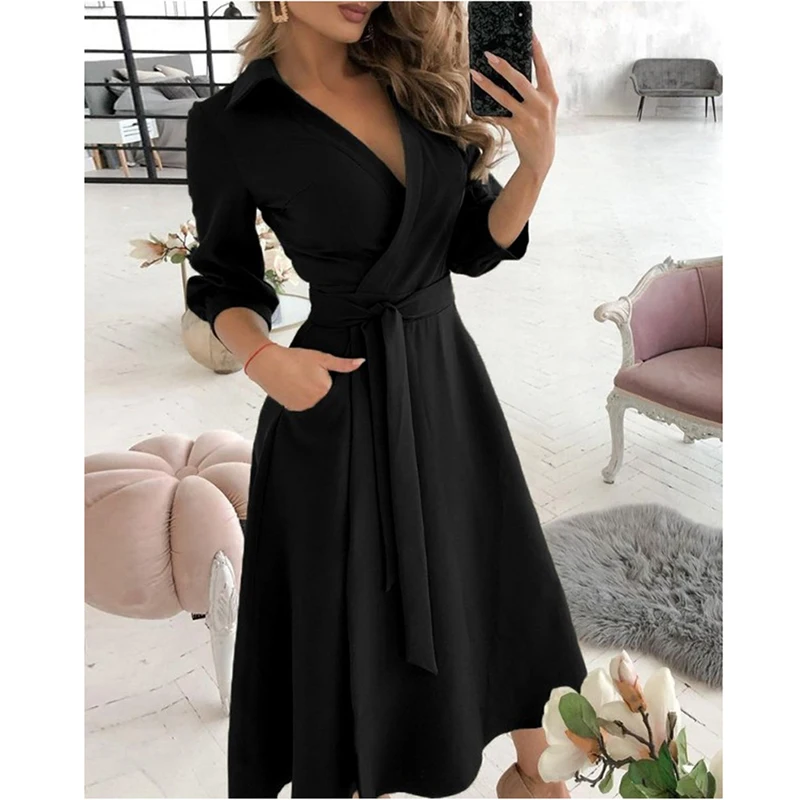 

2021 Solid Color Women Shirt Dress Elegant Fashion Long Lady Dresses Autumn Casual Oversized Cardigan Girl V Neck Tunic