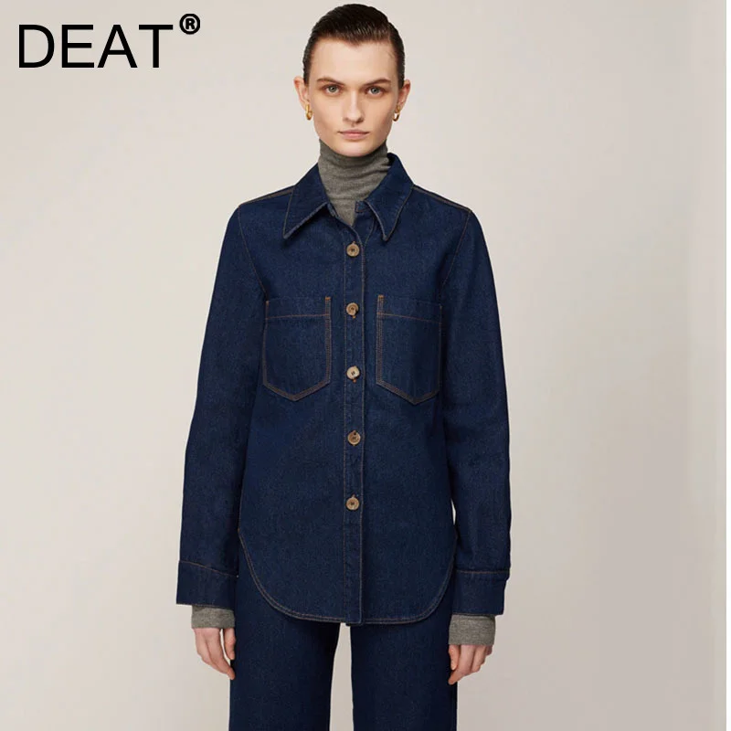 

DEAT 2021 New Autumn And Winter Fashion Casual Solid Color Denim Shirt Long Sleeve Single Breasted Shirt Top Women SL124