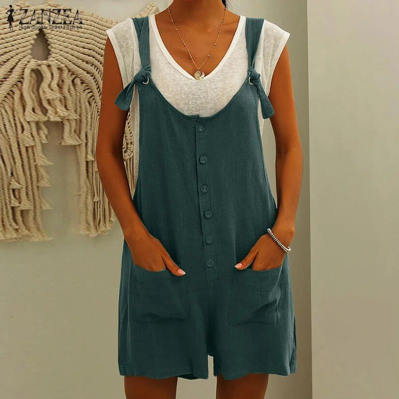 

ZANZEA Summer Jumpsuits Women Solid Overalls Fashion Straps Casual Loose Playsuits Female Pockets Suspenders Short Rompers 2021