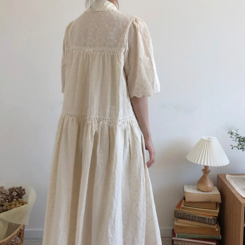 

Vestidos 2021 Apricot Retro Hollow Out Puff Sleeves Long Shirts Dresses Casual Sweet Summer Chic All Match Women