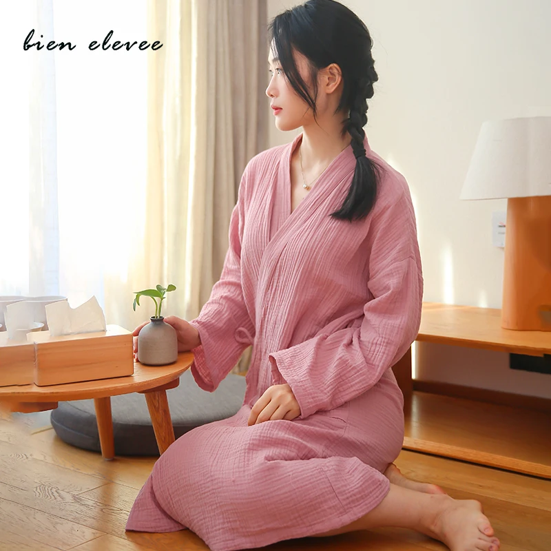 Kimono Bathrobe Sleepwear Nightgown Summer Nightwear Dressing Couple's Pajamas 100% Cotton Lingerie Intimate Japanese-Style Pink
