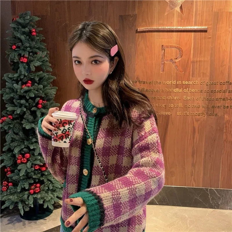 Женский винтажный кардиган в клетку Gaganight розовый вязаный с длинным рукавом и