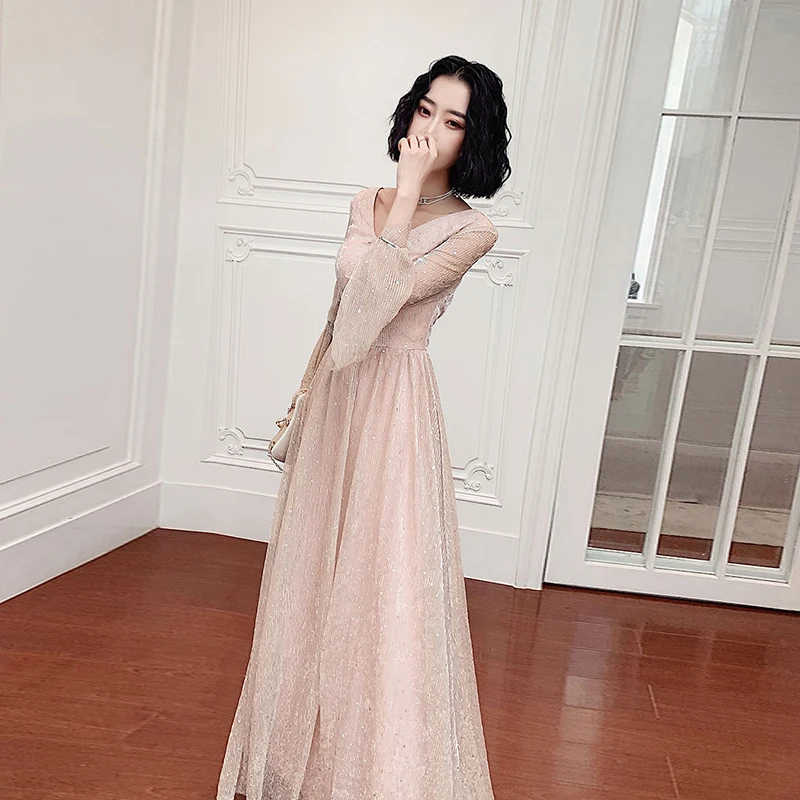 2020 Sexy V Neck Long Prom Dresses Sparkly Pink Tulle Sweet Party Dress Formal Dance Zipper Back | Свадьбы и торжества