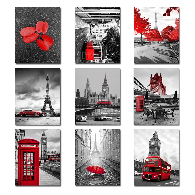 

Black White Paris London Posters and Prints Red Bus Maple Tree Canvas Paintings Telephone Booth Wall Art Picture for Living Room