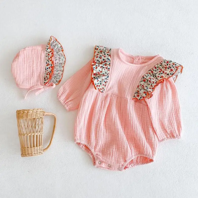 

2021 Autumn New Baby Girl Bodysuit With Ruffle Long Sleeve Princess Style Baby Jumpsuit With Hat 2pcs Baby Girl Outfits 0-24M