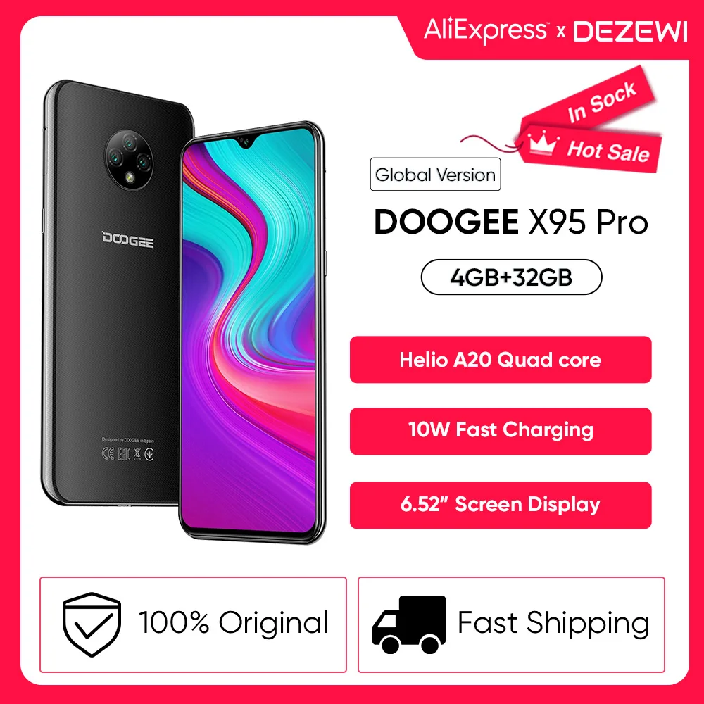 DOOGEE X95 Pro Helio A20 4 ядра, 4 Гб Оперативная память + 32 ГБ Встроенная память 13MP тройной Камера 4350 мА/ч, Батарея 6,52 дюймовых смартфонов мобильный теле...