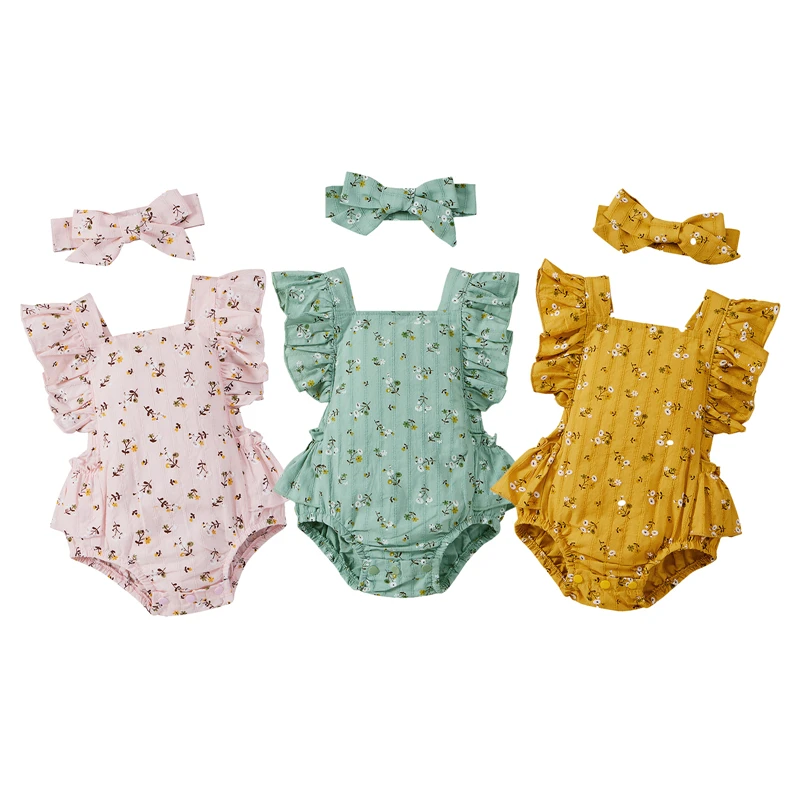 

2 Pcs Newborn Floral Outfits Bodysuits Baby Girl Tie-Up Ruffled Fly Sleeve Square Collar Bodysuit+ Bowknot Headband Sunsuit