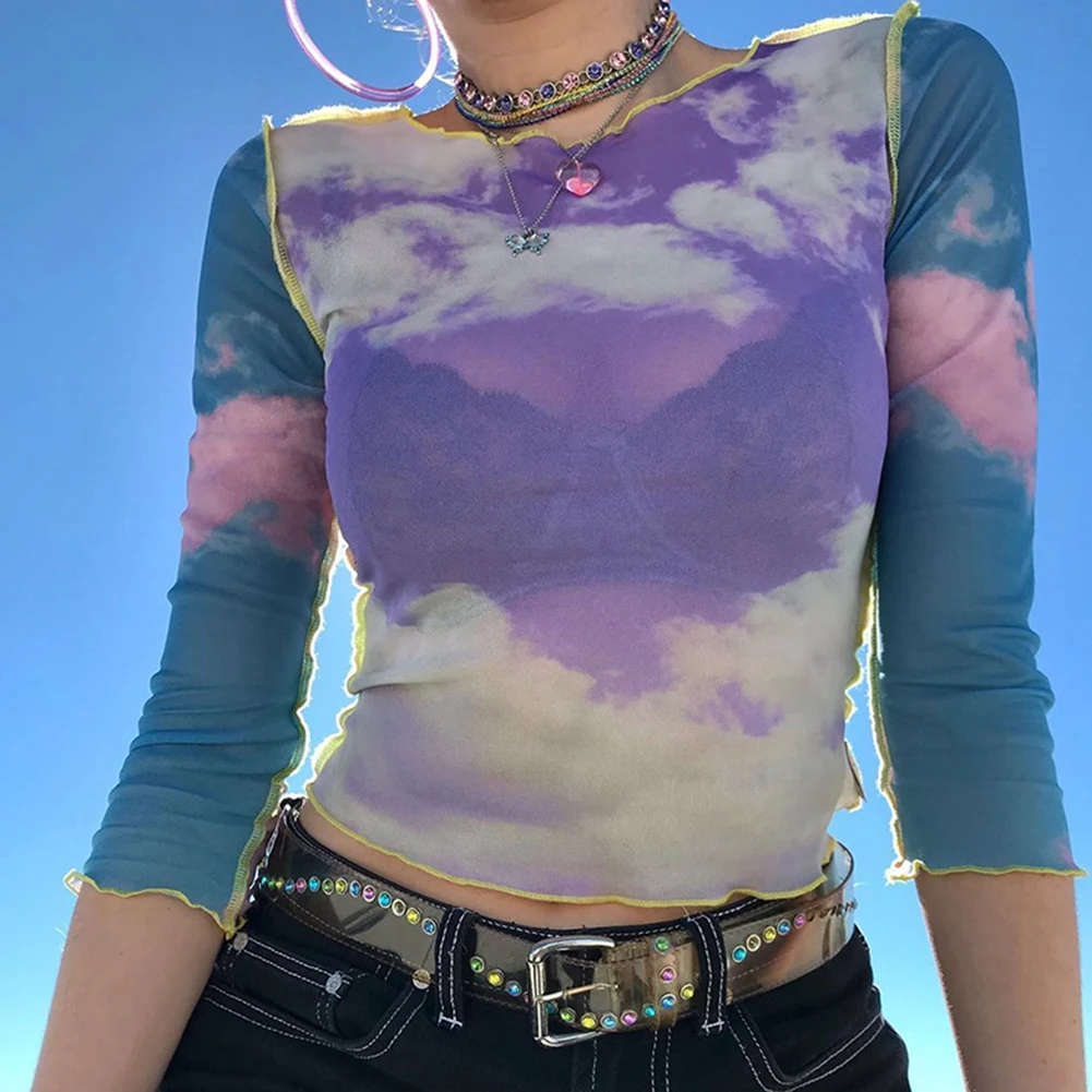 

E Girl Print Long Sleeve Crop Tops T Shirts Women Transparents Ruffles Hems Mesh Tops Round Neck Tshirt Y2k Aesthetic Streetwear