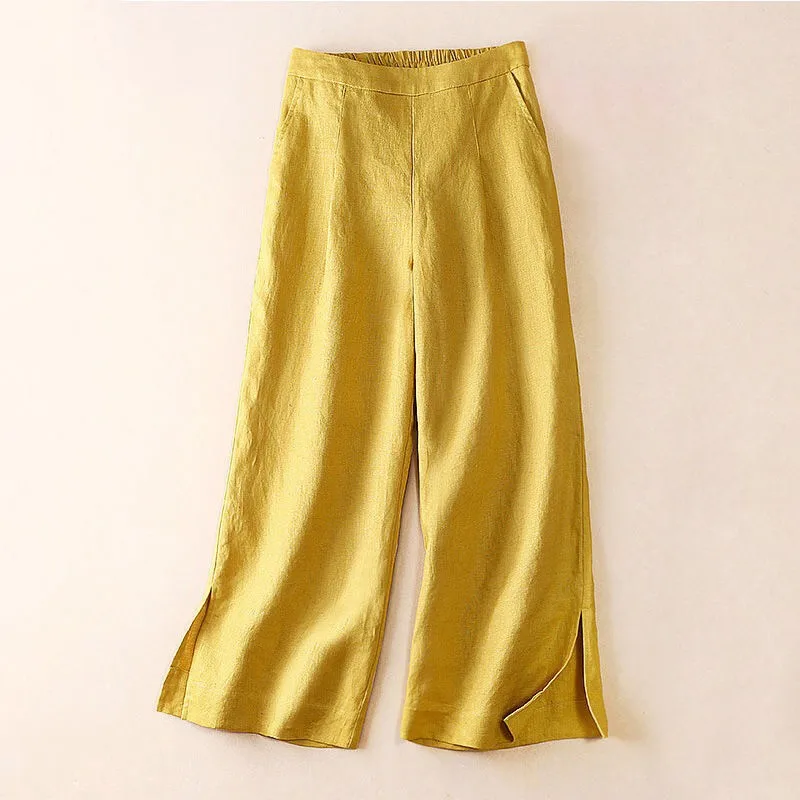 Брюки женские эластичные бежевые черные желтые с высокой талией для лета и весны