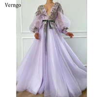 verngo lilac tulle puff sheer long sleeves evening dresses deep v neck luxurious lace beads a line prom gowns with velour sash