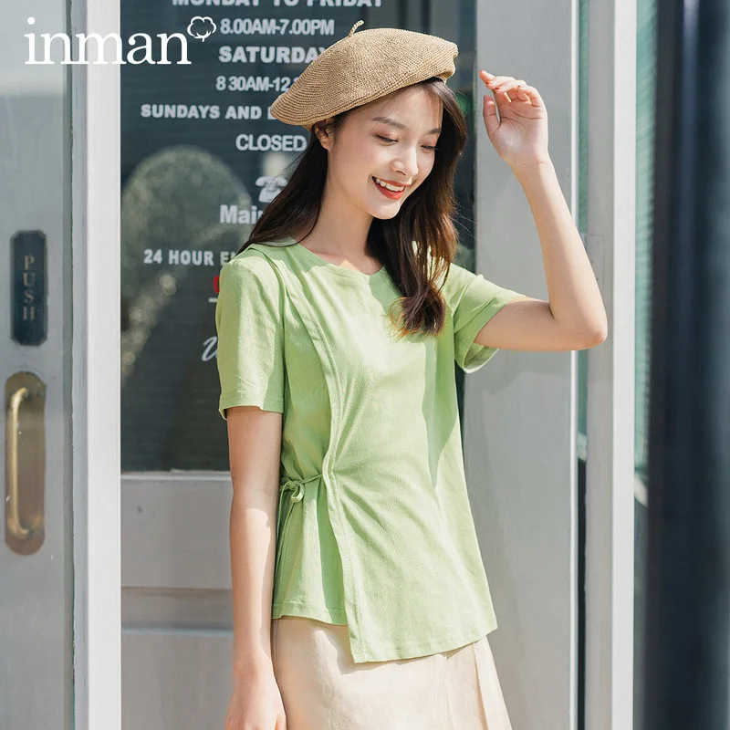 INMAN Летняя женская футболка с коротким рукавом и круглым воротником неправильной
