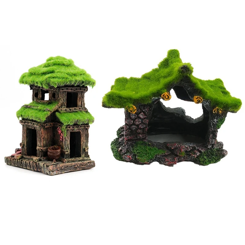 

LBER 2PCS Aquarium Decorations Resin Ancient House Decoration With Aquarium Decoration House Resin Hollow Hiding House