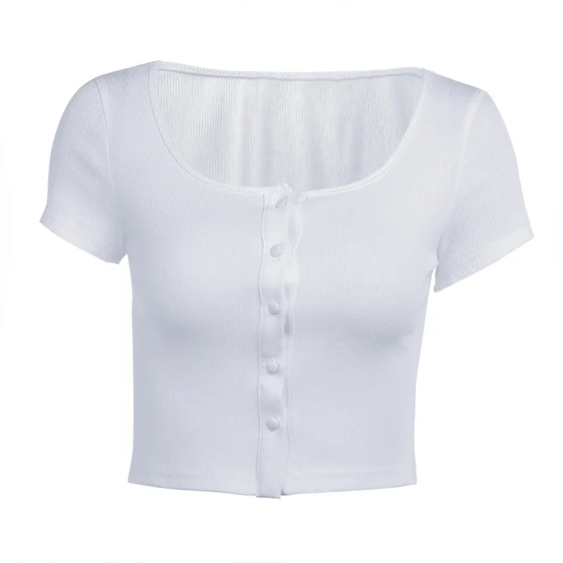 

2021 spring and summer new solid color slim top women's 93648p square neck button short sleeve T-shirt