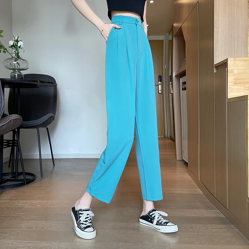 

YTX951 2021 new Korean version of the high-waisted thin all-match solid color straight nine-point pants