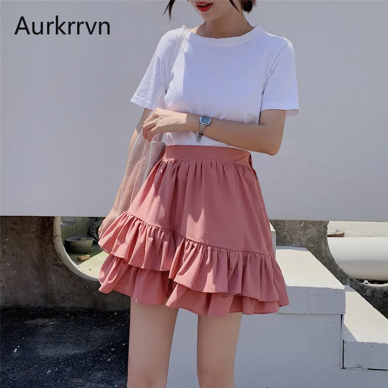 

Aurkrrvn Summer Lady Layered Skirt Women Pink Ruffled Hem Flare Cute Mini Skirts for Female Elastic Waist Zipper Tiered Skirt