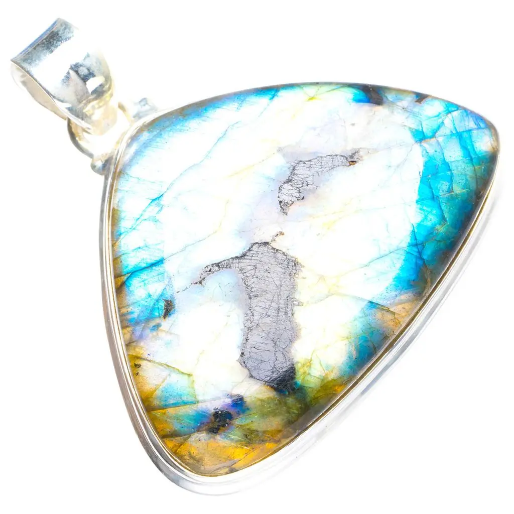 Кулон ручной работы из серебра 925 пробы с натуральным голубым огнем лабрадоритом