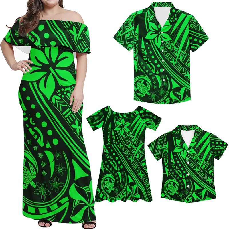 

HYCOOL зеленое платье с открытыми плечами, подходящие наряды, мама, как дочь, полинезийская племенная одежда, Семейный комплект, Рождество