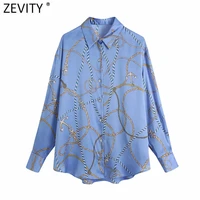 zevity new women vintage chain print satin casual smock shirt female breasted retro loose blouse chic chemise blusas tops ls9350