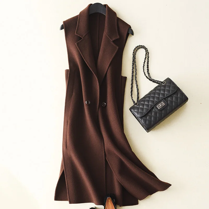 Женский двусторонний кашемировый жилет FG8330 длинный однотонный шерстяной модная