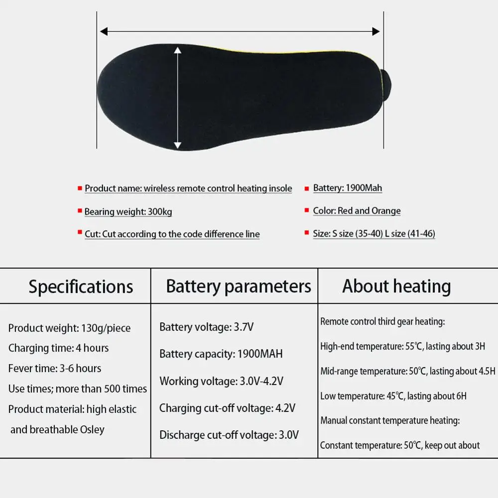 

1900mah Rechargeable Electric Heating Insole Remote Heating Insole Three-Speed Thermostat Built-in Lithium Battery Suitable for