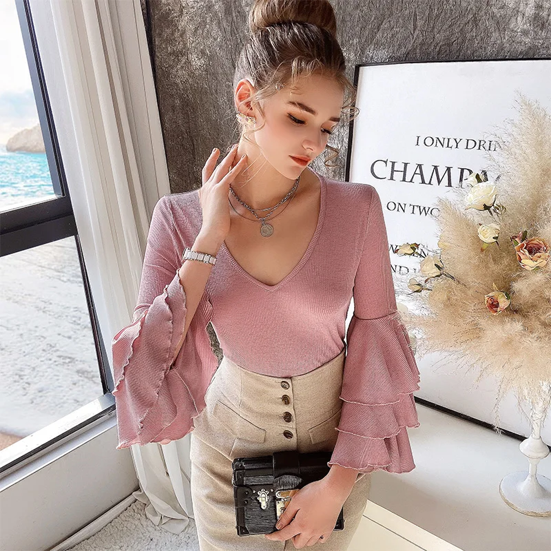 

Dabuwawa Sexy Deep V-Neck Solid Knitted Sweater Women Sweet Ruffle Sleeve Pullover Jumper Female Spring Autumn DO1ATS002