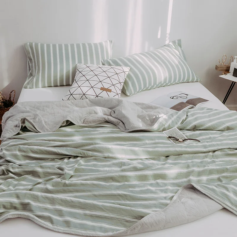 Хлопковое мягкое покрывало с зелеными полосками моющееся покрывало/покрывало