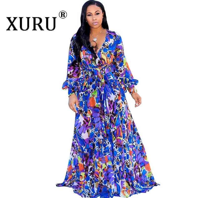 

XURU Beach Chiffon Long Dress Bohemian Women's Print Dress Full Sleeve V-neck Belt Casual Loose Large Size Dress S-5XL