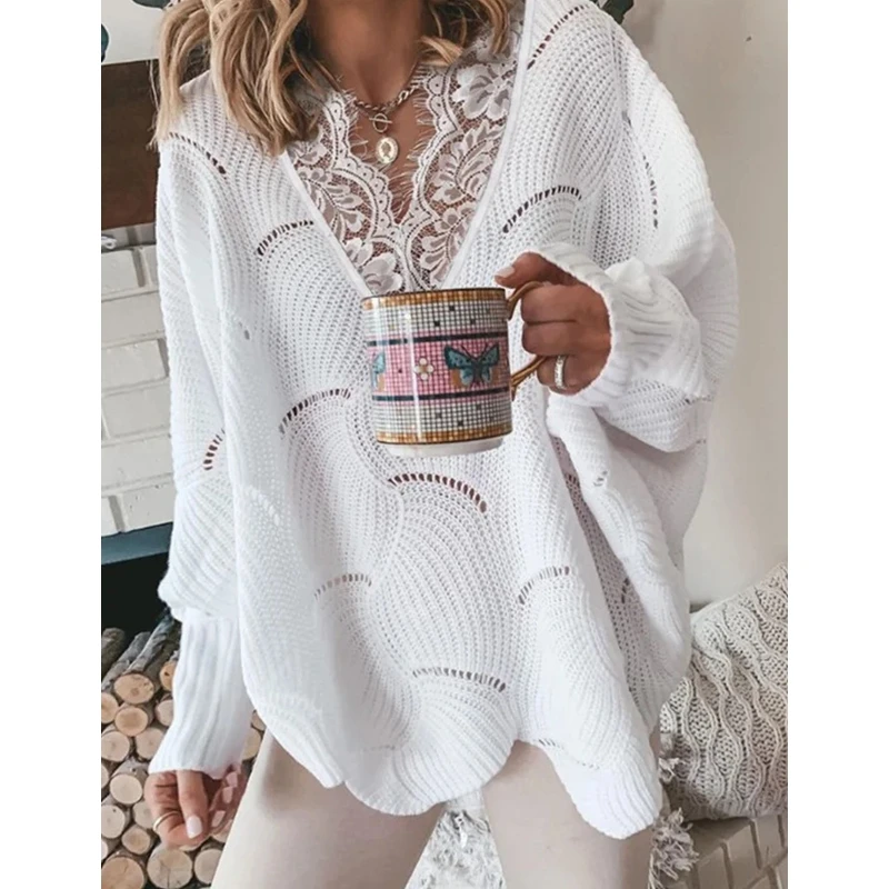 

Женский свитер Lugentolo, белый, с V-образным вырезом, Повседневный, кружевной, ажурный, весна размера плюс