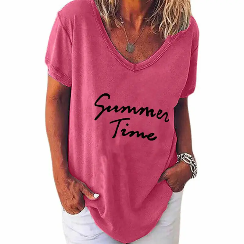 

Women Letter Print Basic T-Shirt Summer Holiday Casual Loose Blouse Tee Tops