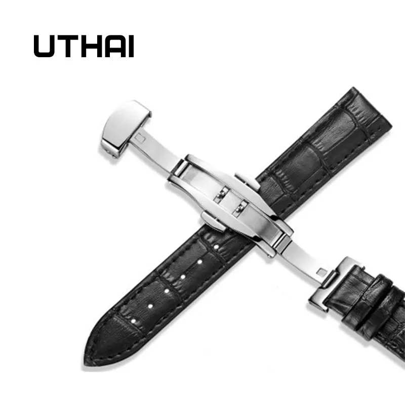 Silver-black UTHAI Z09 плюс Натуральная кожа Ремешки для наручных часов 12-24 мм Универсальные часы Бабочка Пряжка группа сталь Пряжка ремешок наручный ремень браслет - Цвет ремешка: Silver-black