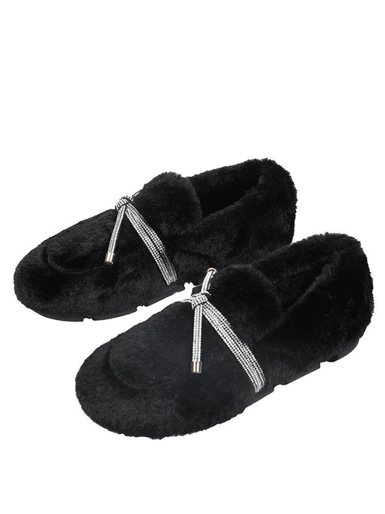 

Shoes Woman 2021 Modis Shallow Mouth Crystal Female Footwear All-Match Loafers Fur Round Toe Casual Sneaker New Cute Rhinestone