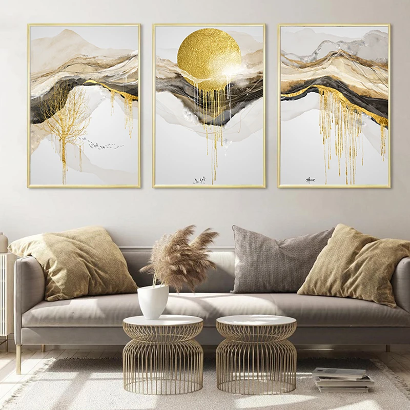 

Golden Classical Luxury Canvas Painting Home Decor Wall Art Abstract Line Landscape Poster and Print for Living Room Decoration