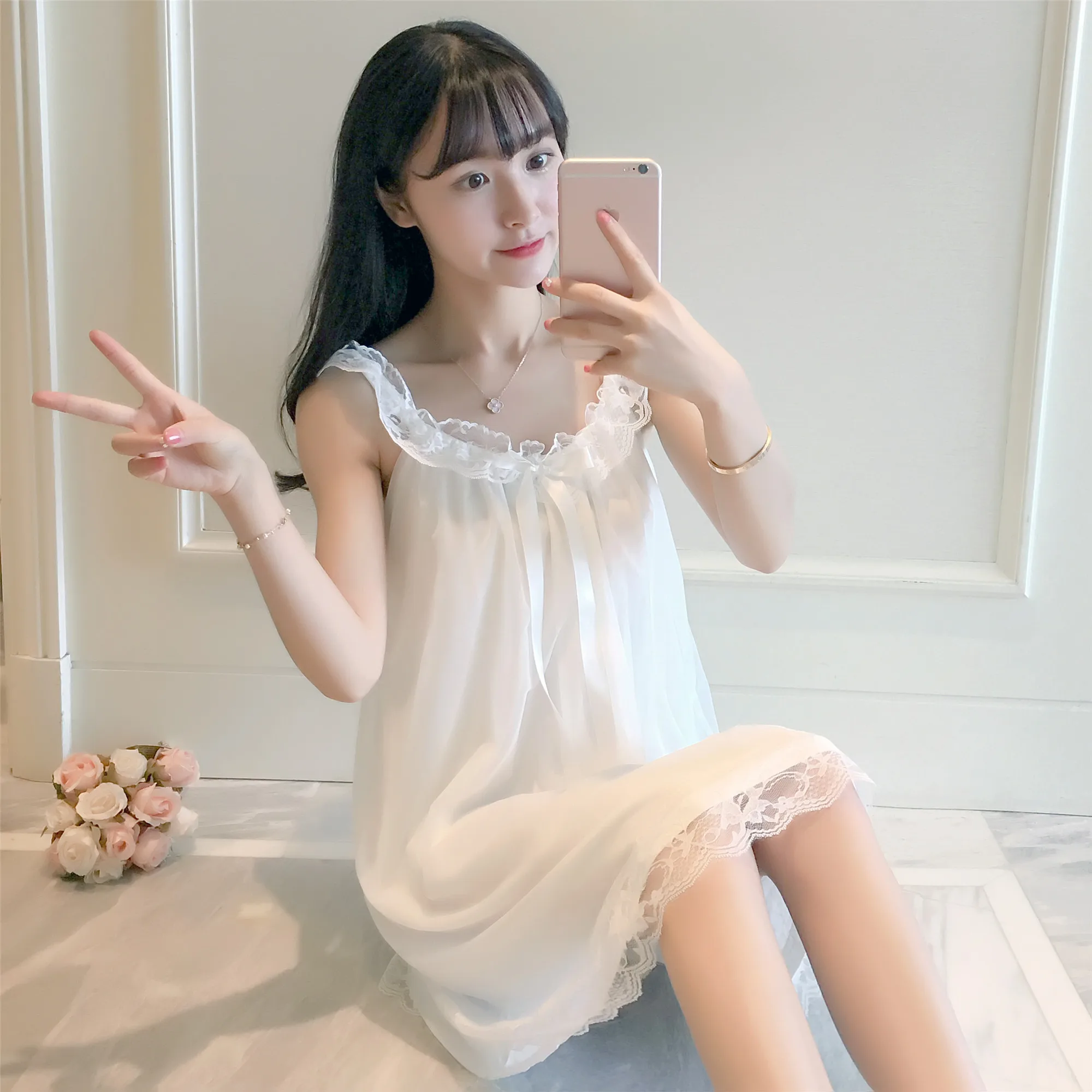 Summer Women Silk Sleepwear Sexy Princess Shoulder-Straps Nightgown Ruffle Lace Patchwork Chiffon Female Dress Sweet Sleep | Женская