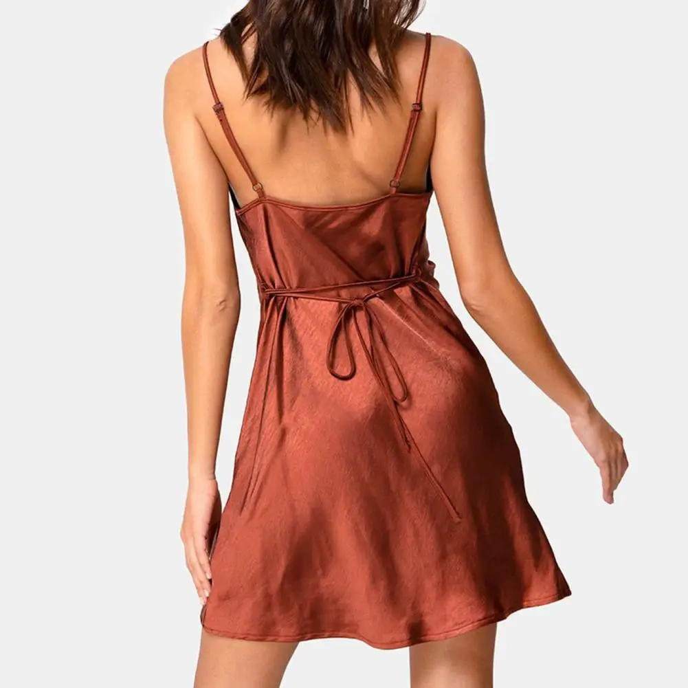 

Sling Dress Women Adjustable Spaghetti Straps Backless Women Sexy Solid Color Bandage Satin Dress for Summer
