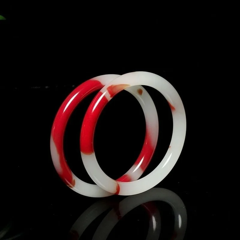 

Natural Chinese Red and White Hand Carved Round Bar Jade Bracelet Fashion Boutique Jewelry Women's Chicken Blood Bracelet Gift