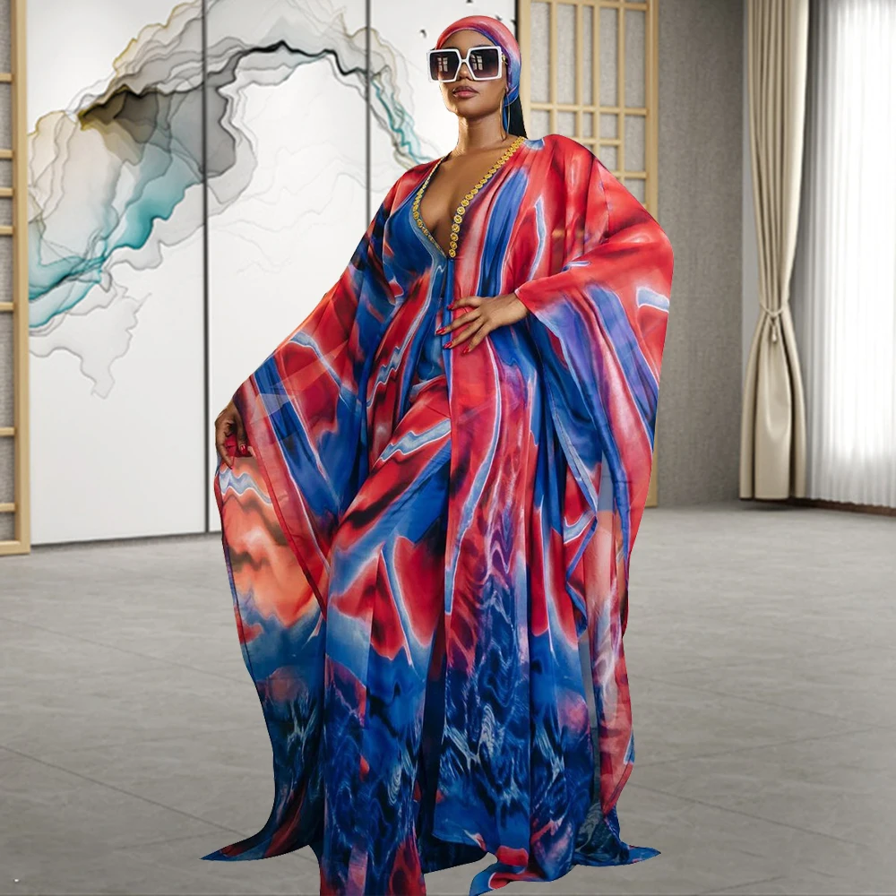 

Party Fashion Women African Two Pieces Set Loose Style Blue Red Print Nigeria Clothing Ladies Long Tops and Wide Pants