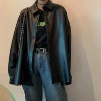 new women oversized pu leather blouses 2021 spring autumn black faux leather basic coat turn down collar motor biker jacket