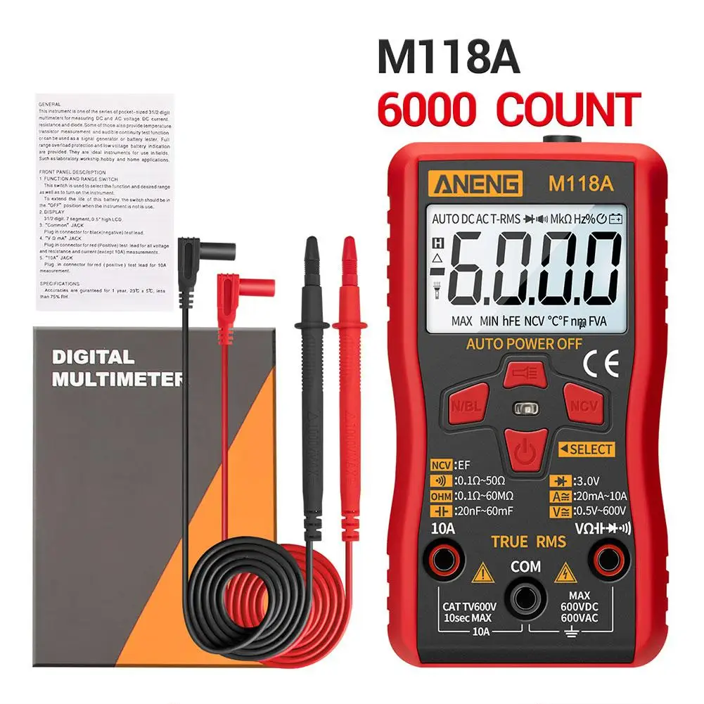 

M118A Digital Multimeter Durable Automatic True RMS Tester 6000 Counts Auto-ranging AC/DC Transistor Voltage Meter