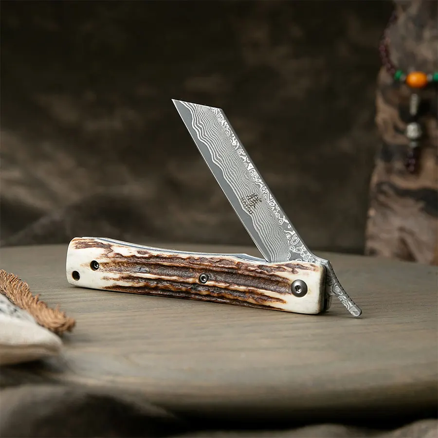 

KATSU Damascus folding pocket knife Natural Deer Antler Handle Hunting knives defensive folding quick open pocket tool knife