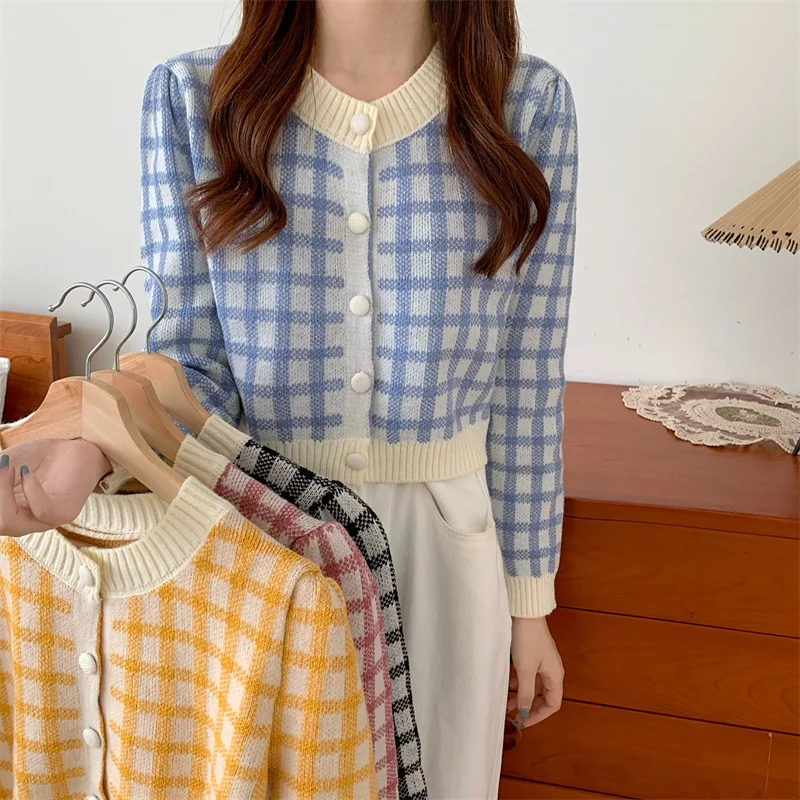 

vintage plaid sweater jumper women's autumn long-sleeved knitted crop top sweater cardigan femme