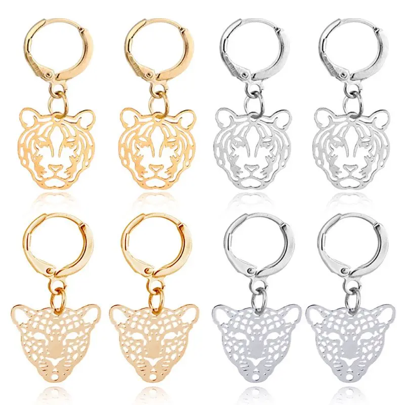 

4 Pairs Gold Silver Tiger Leopard Head Hoop Earrrings Set Wild Animals Pendant Drop Earrings Fashion Jewelry Unisex