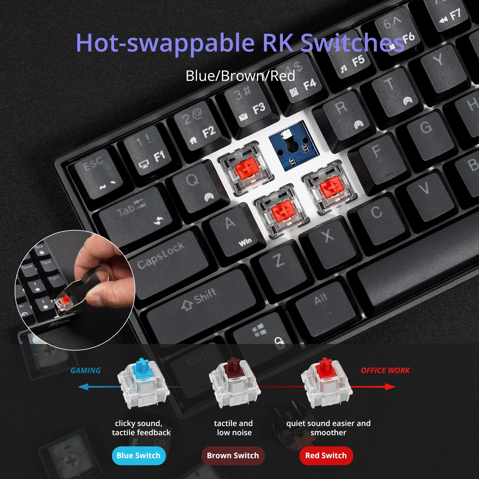 rk71 70 hot swappable mechanical keyboard wireless bluetooth type c rgb 71 keys mechanical gaming keyboard detachable cable free global shipping