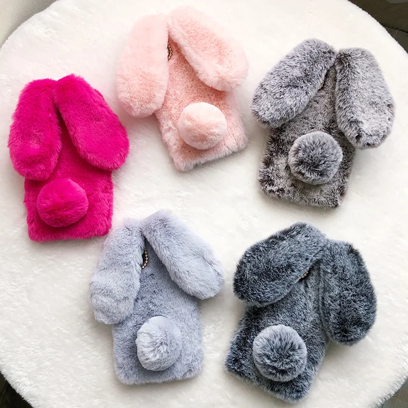 Объемный милый пушистый чехол с кроличьими ушками для iPhone 11 Pro Xs Max X Xr плюшевый