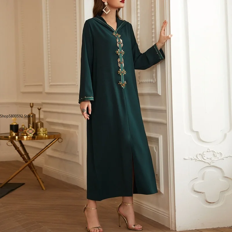 Autumn 2022 New Fashion Women Dress Solid Color Beading Webbing Hooded Long Sleeve Temperament Casual Ladies Robe